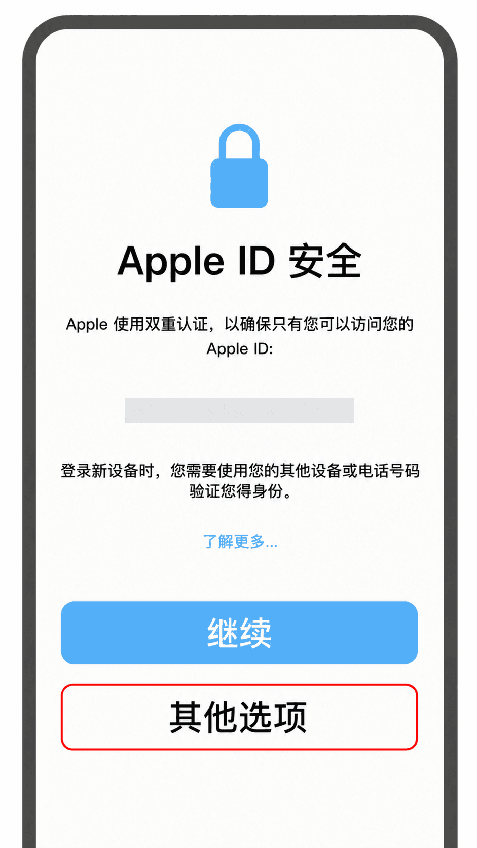 登录后弹出 Apple ID 安全页面,务必点击其他选项
